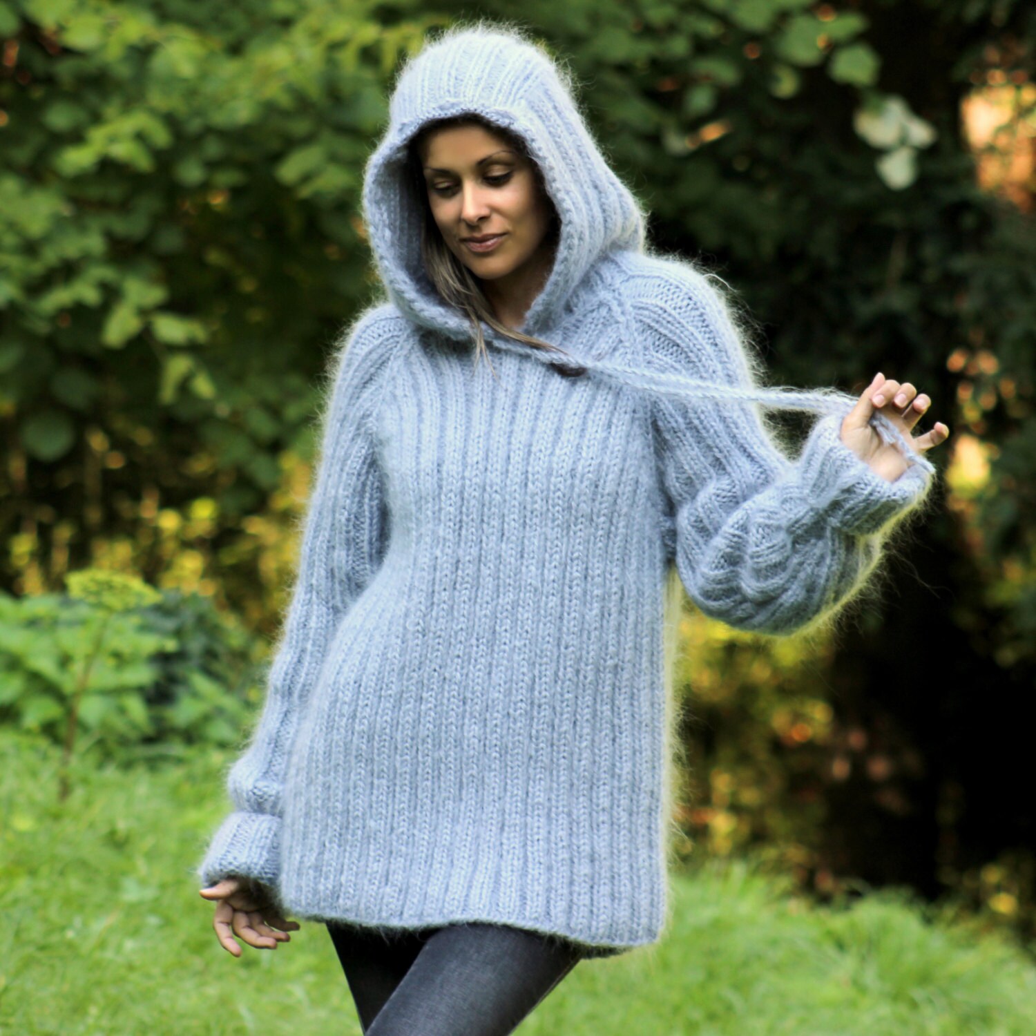Hooded Sweater Hand Knit Mohair Jumper Light GRAY Cable - Etsy
