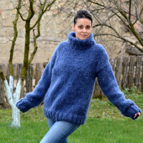 Hand Knitted Mohair Wool Sweater Blue Fuzzy Turtleneck Jumper | Etsy