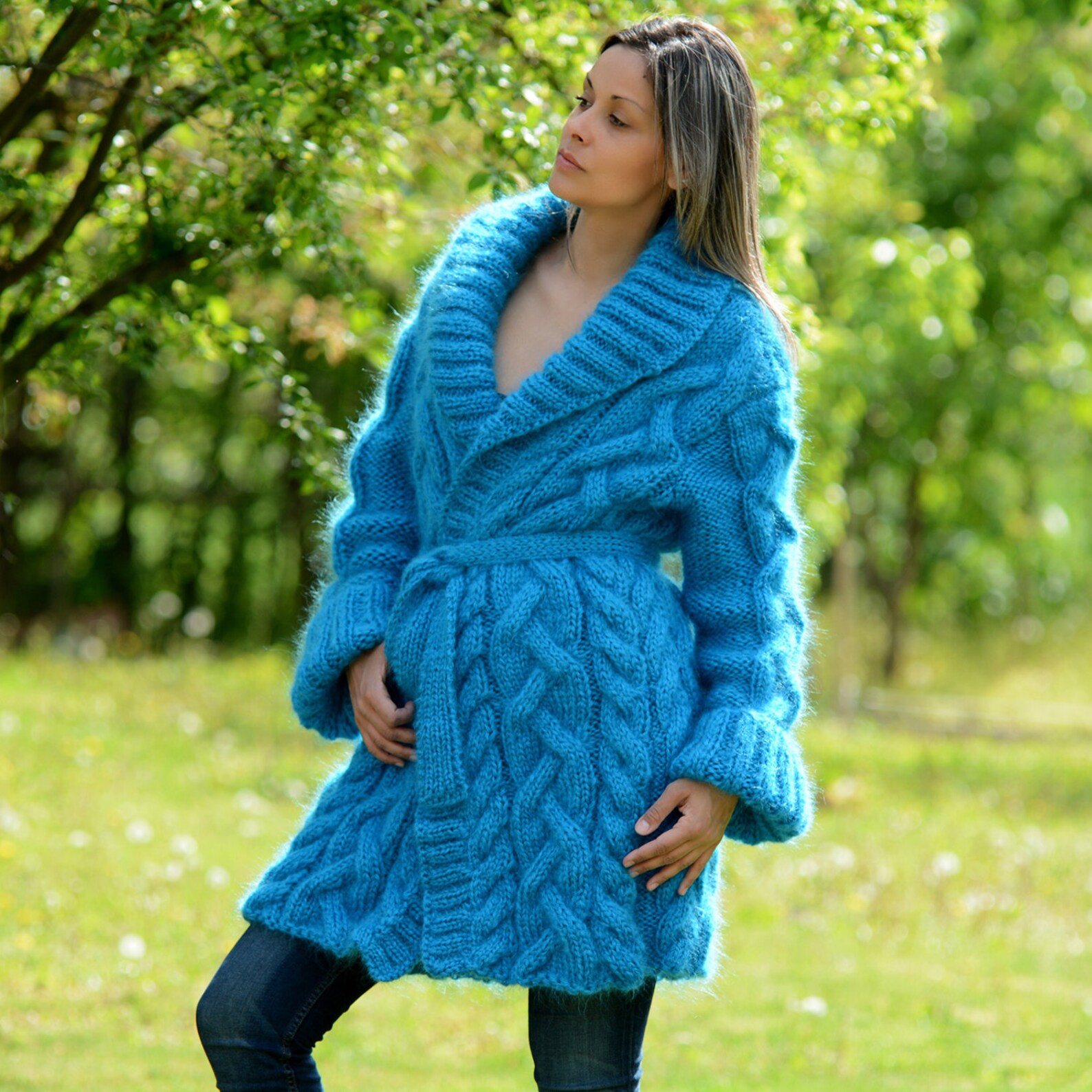 MADE to ORDER Hand Knit Mohair Shawl Coat Cardigan Turquoise Fuzzy Sweater Jacket by
