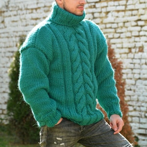 Hand Knitted Wool Sweater, Chunky Jumper, Designer Cable knit Turtleneck, Green Unisex Wool Pullover by Extravagantza image 5