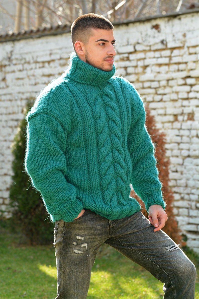 Hand Knitted Wool Sweater, Chunky Jumper, Designer Cable knit Turtleneck, Green Unisex Wool Pullover by Extravagantza image 5