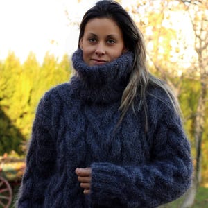 Mohair Sweater, Turtleneck Jumper, Cable Dark Gray Fuzzy Jersey, Hand Knitted Pullover by Extravagantza