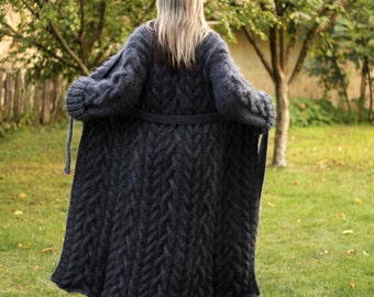 Hand Knitted Mohair Coat Cardigan Very Dark Gray Hooded Fuzzy Crochet Sweater Jacket by EXTRAVAGANTZA MADE to ORDER