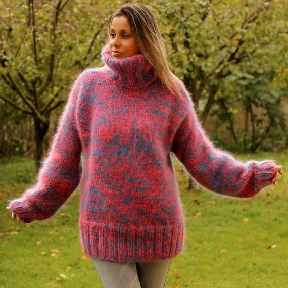 Hand Knit Mohair Sweater Mix Colors Fuzzy Turtleneck Jumper - Etsy
