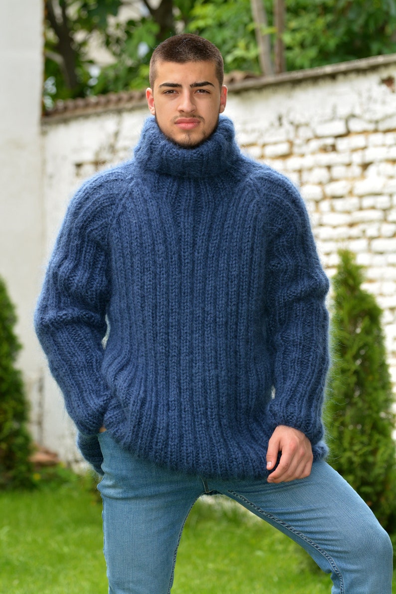 Hand Knitted Mohair Sweater, Ribbed Navy Blue Designer Turtleneck, Fuzzy Jumper, Blue Men Pullover by Extravagantza READY to SHIP image 1