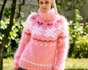 Hand Knitted Mohair Sweater Icelandic Norwegian Pink White Fuzzy Turtleneck Jumper Pullover Jersey by EXTRAVAGANTZA