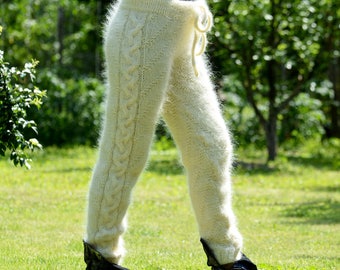 Mohair Pants, Cable Legwarmers, Designer Hand Knitted Sweater White Fetish Leggings by EXTRAVAGANTZA