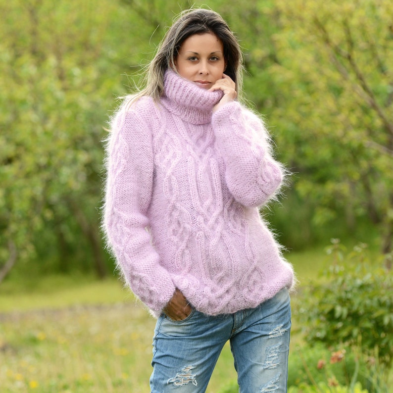 Hand Knit Mohair Sweater Cable Pink Fuzzy Turtleneck Jumper | Etsy