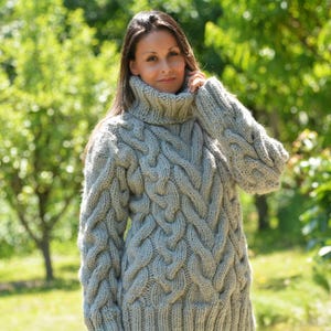 Wool Turtleneck Sweater, Cable Hand Knitted Jumper, Light Grey Fuzzy Jersey by Extravagantza