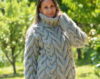 Wool Turtleneck Sweater, Cable Hand Knitted Jumper, Light Grey Fuzzy Jersey by Extravagantza