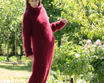 Hand Knit Mohair Turtleneck Dress Long Fuzzy Red Fluffy Fetish Sweater Gown by Extravagantza