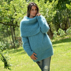 Cowl neck Sweater, Hand Knitted Mohair Pullover, Turtleneck Blue Fuzzy Jumper Jersey by EXTRAVAGANTZA image 7