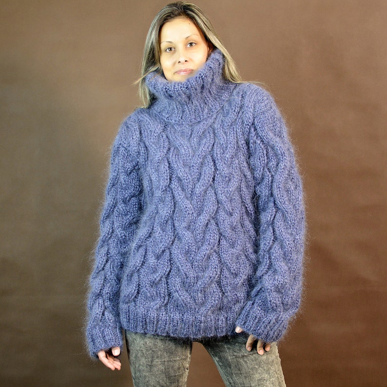 Cable Hand Knitted Mohair Sweater Denim Blue Color Fuzzy - Etsy