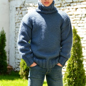 Hand Knitted pure Wool Sweater Denim Blue Soft Turtleneck Jumper Pullover Jersey by EXTRAVAGANTZA