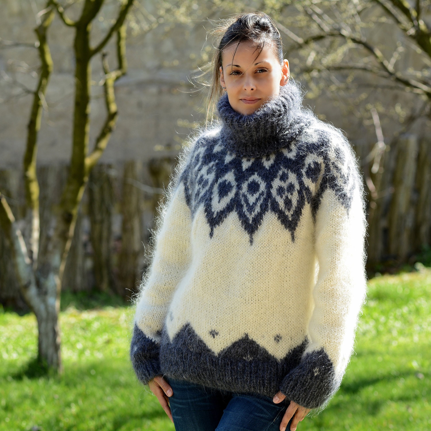 Hand Knit Mohair Icelandic Sweater Norwegian White Gray Fuzzy