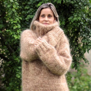 Hand Knitted Mohair Sweater Turtleneck Pullover Beige mix color Fuzzy Jumper by Extravagantza