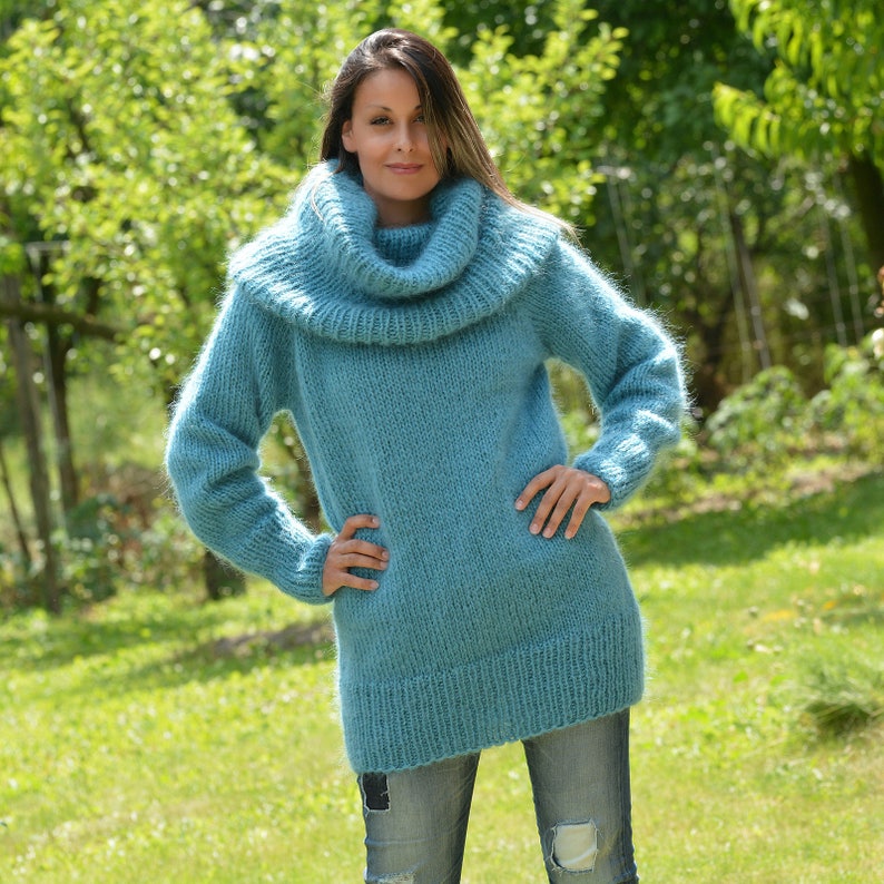 Cowl neck Sweater, Hand Knitted Mohair Pullover, Turtleneck Blue Fuzzy Jumper Jersey by EXTRAVAGANTZA image 3