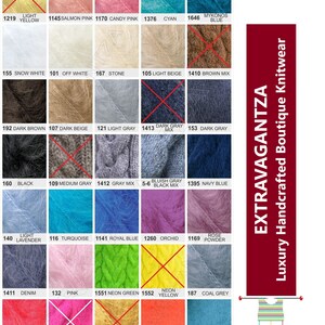 May include: A color chart of 100% soft, durable, warm mohair yarn. The chart shows 24 different colors of yarn, including light yellow, salmon pink, candy pink, cyan, Mykonos blue, snow white, off white, stone, light beige, brown mix, dark brown, dark beige, light gray, dark gray mix, dark gray, black, medium gray, gray mix, bluish gray black mix, navy blue, light lavender, turquoise, royal blue, orchid, rose powder, denim, pink, neon green, neon yellow, neon coral, neon pink, gold, neon orange, pale turquoise, fuchsia, bright red, burgundy red, and gray melange. The chart also includes the text "100% Soft, Durable, Warm Mohair Yarn" and "Premium Quality Genuine Hand Crafted".