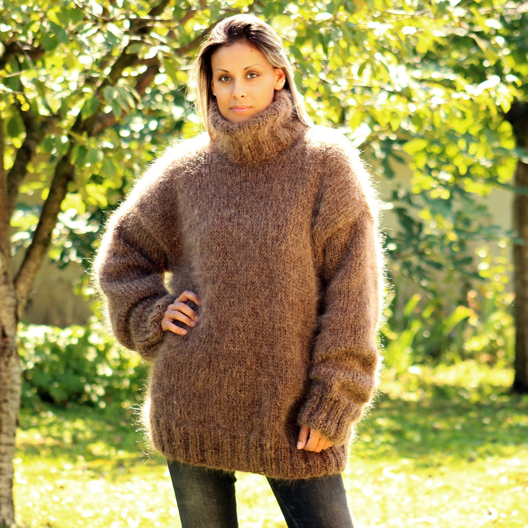 Hand Knitted Mohair Sweater BROWN Mix Fuzzy Turtleneck Jumper - Etsy