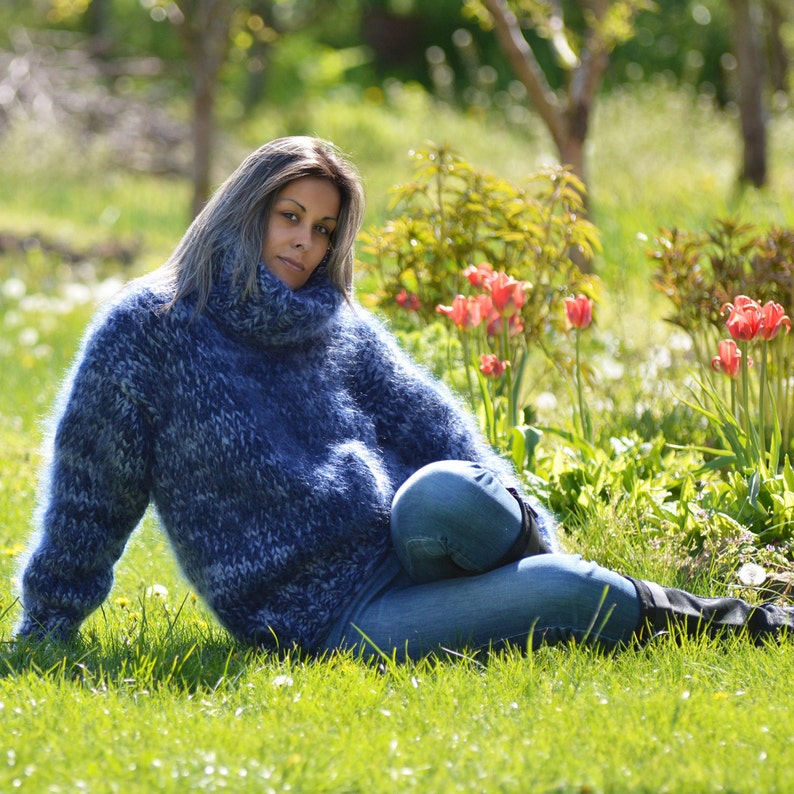 10 strands Hand Knitted Mohair Sweater, Blue mix Thick Turtleneck Jumper, Pullover Designer EXTRAVAGANTZA image 4