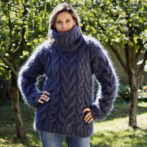 Cable Hand Knitted Mohair Sweater Dark Grey Fuzzy Turtleneck Jumper Pullover Jersey by Extravagantza MADE to ORDER