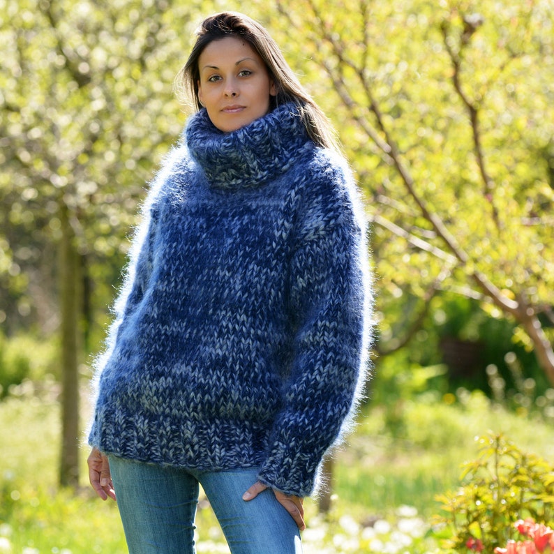 10 strands Hand Knitted Mohair Sweater, Blue mix Thick Turtleneck Jumper, Pullover Designer EXTRAVAGANTZA image 2