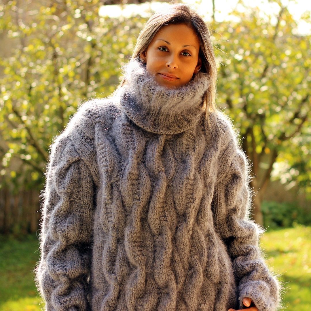 New Cable Hand Knitted Mohair Sweater Light Grey Fuzzy - Etsy