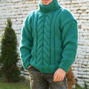 Hand Knitted Wool Sweater, Chunky Jumper, Designer Cable knit Turtleneck, Green Unisex Wool Pullover by Extravagantza image 3