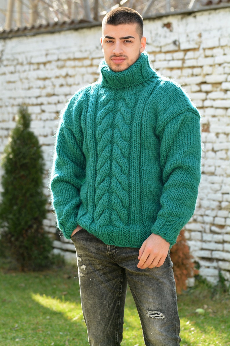 Hand Knitted Wool Sweater, Chunky Jumper, Designer Cable knit Turtleneck, Green Unisex Wool Pullover by Extravagantza image 3