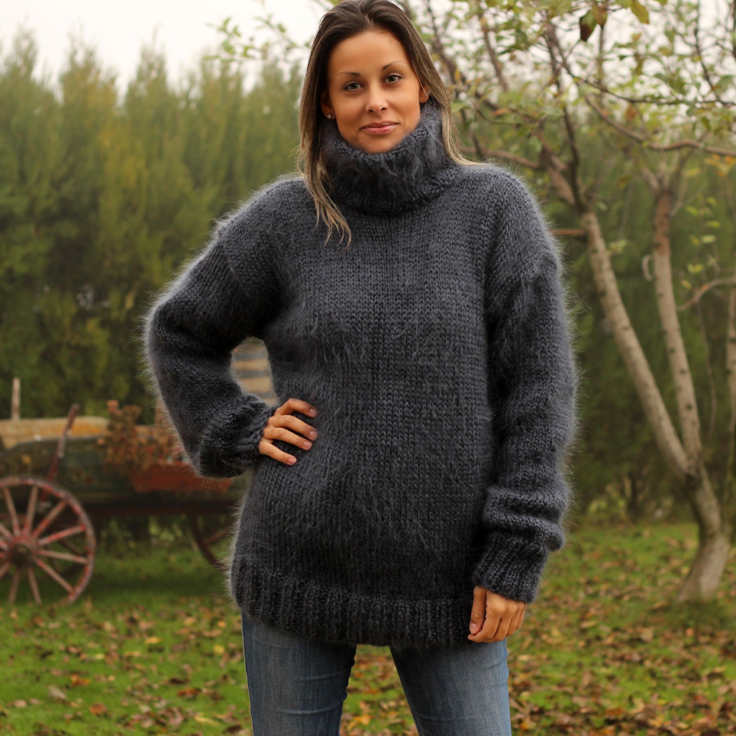 Hand Knit Mohair Sweater Dark Grey Fuzzy Turtleneck Jumper - Etsy