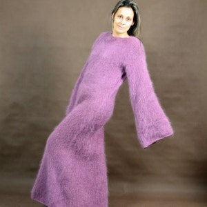 Hand Knitted Mohair Dress, Long Slouchy Fuzzy Sweater, Lilac Boatneck Jumper, Fuzzy Crewneck Mohair Fetish Gown by EXTRAVAGANTZA