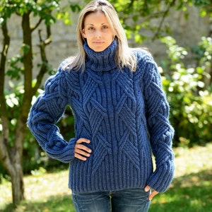 Thick Cable Hand Knit 100% WOOL Turtleneck Sweater Denim Blue Fuzzy Jumper Jersey by Extravagantza image 3