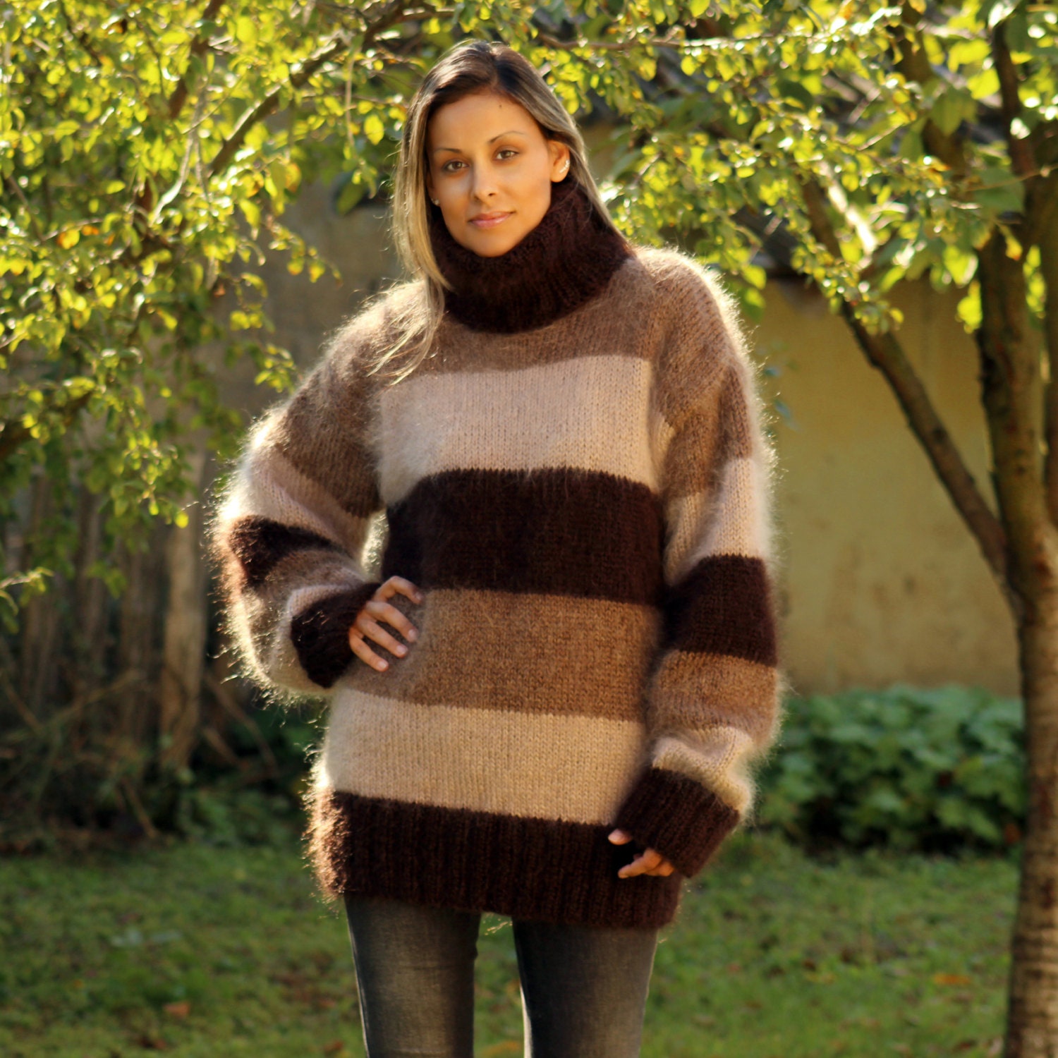 Hand Knit Mohair Sweater BROWN Stripes Fuzzy Turtleneck Jumper - Etsy