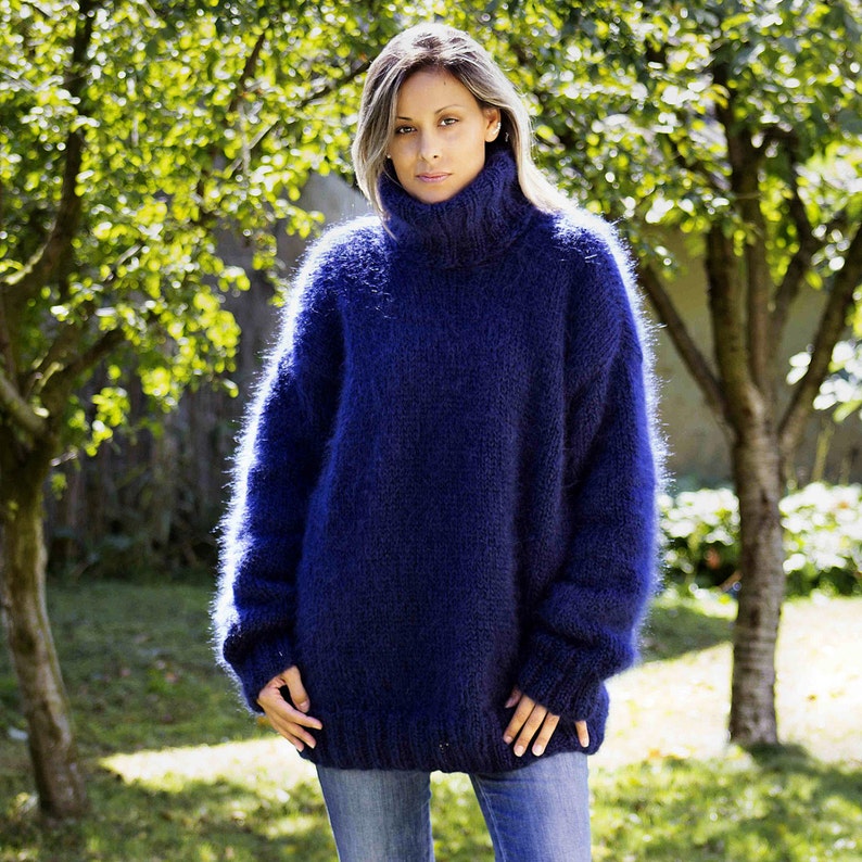 Hand Knitted Mohair Sweater Dark BLUE Fuzzy Turtleneck Jumper Pullover Jersey by Extravagantza MADE to ORDER image 5