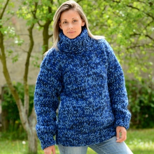 Thick Hand Knitted Pure Wool Sweater Blue Mix Soft Turtleneck Jumper ...