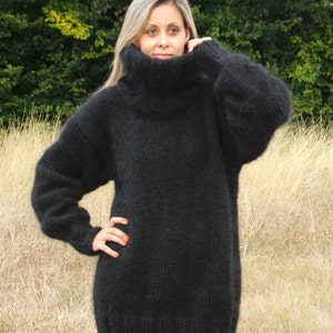 Hand Knit Mohair Sweater Black Fuzzy Turtleneck Jumper Jersey 3 Strands ...