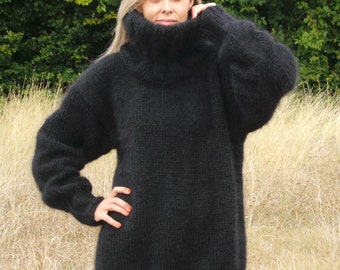 Hand Knit Mohair Sweater Black Fuzzy Turtleneck Jumper Jersey 3 Strands Pullover by Extravagantza