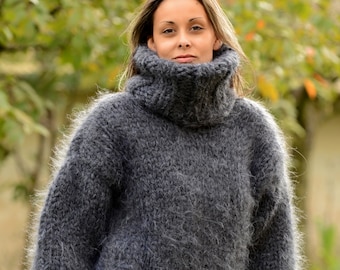 Hand Knit Mohair Sweater, Dark Gray Fuzzy Turtleneck Jumper, Boho Pullover, 10 strands Mohair Jersey by Extravagantza