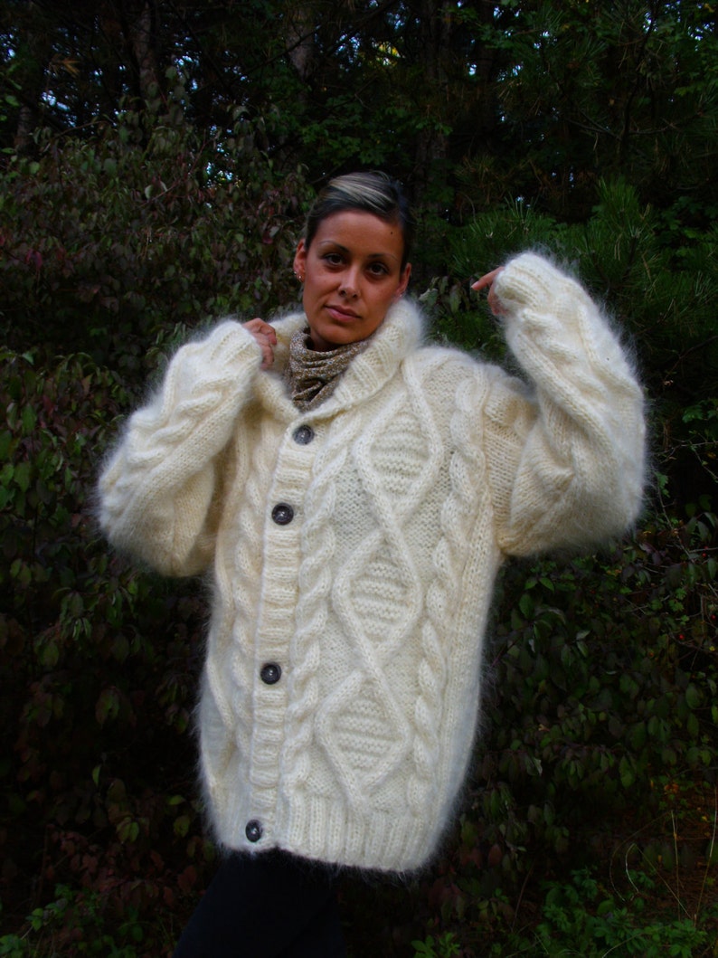 Hand Knit Mohair Cardigan Shawl Collar Thick Fuzzy Coat Fluffy Etsy