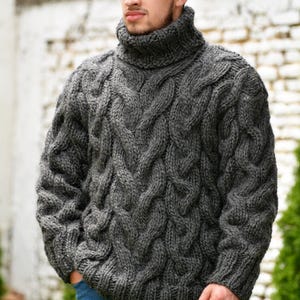 Hand Knitted Wool Sweater, Cable Handmade pullover, Turtleneck Dark Gray Chunky Jumper, Thick Jersey by Extravagantza