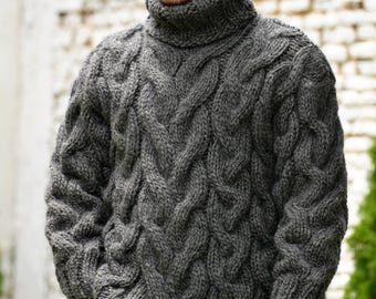 Hand Knitted Wool Sweater, Cable Handmade pullover, Turtleneck Dark Gray Chunky Jumper, Thick Jersey by Extravagantza