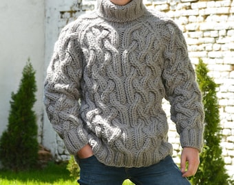 Thick Cable Hand Knit 100% WOOL Turtleneck Sweater Dark grey Fuzzy Jumper Jersey by Extravagantza