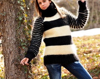 Hand Knit Mohair Sweater Black Fuzzy Turtleneck Jumper | Etsy