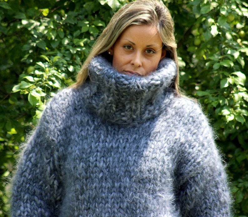 Hand Knit Mohair Sweater Gray Turtleneck Jumper10 Strands - Etsy