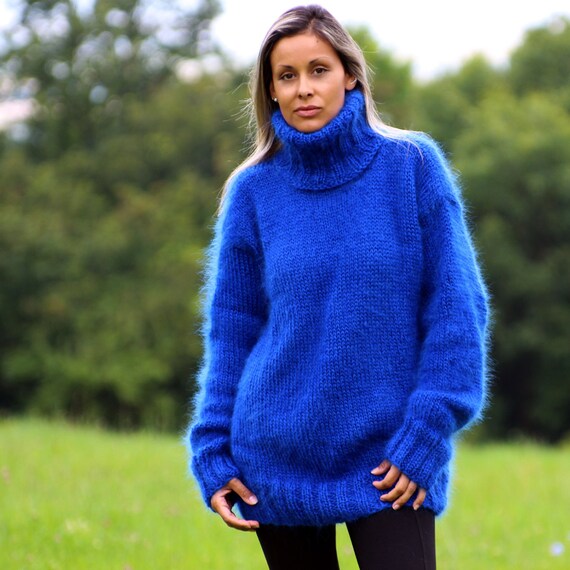 Designer Hand Knit Mohair Sweater Blue Fuzzy Turtleneck Jumper Pullover Jersey MADE to ORDER by Extravagantza Etsy