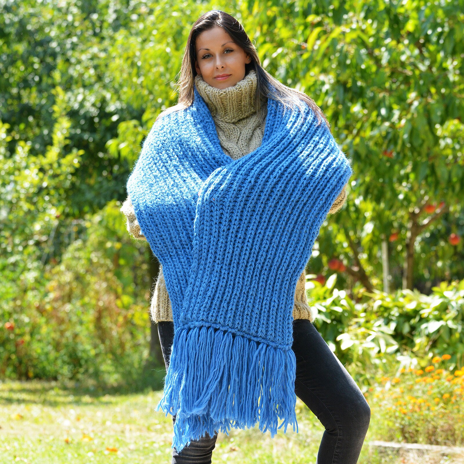 手編みウールマフラー ブルー ラップニット チャンキー レディース