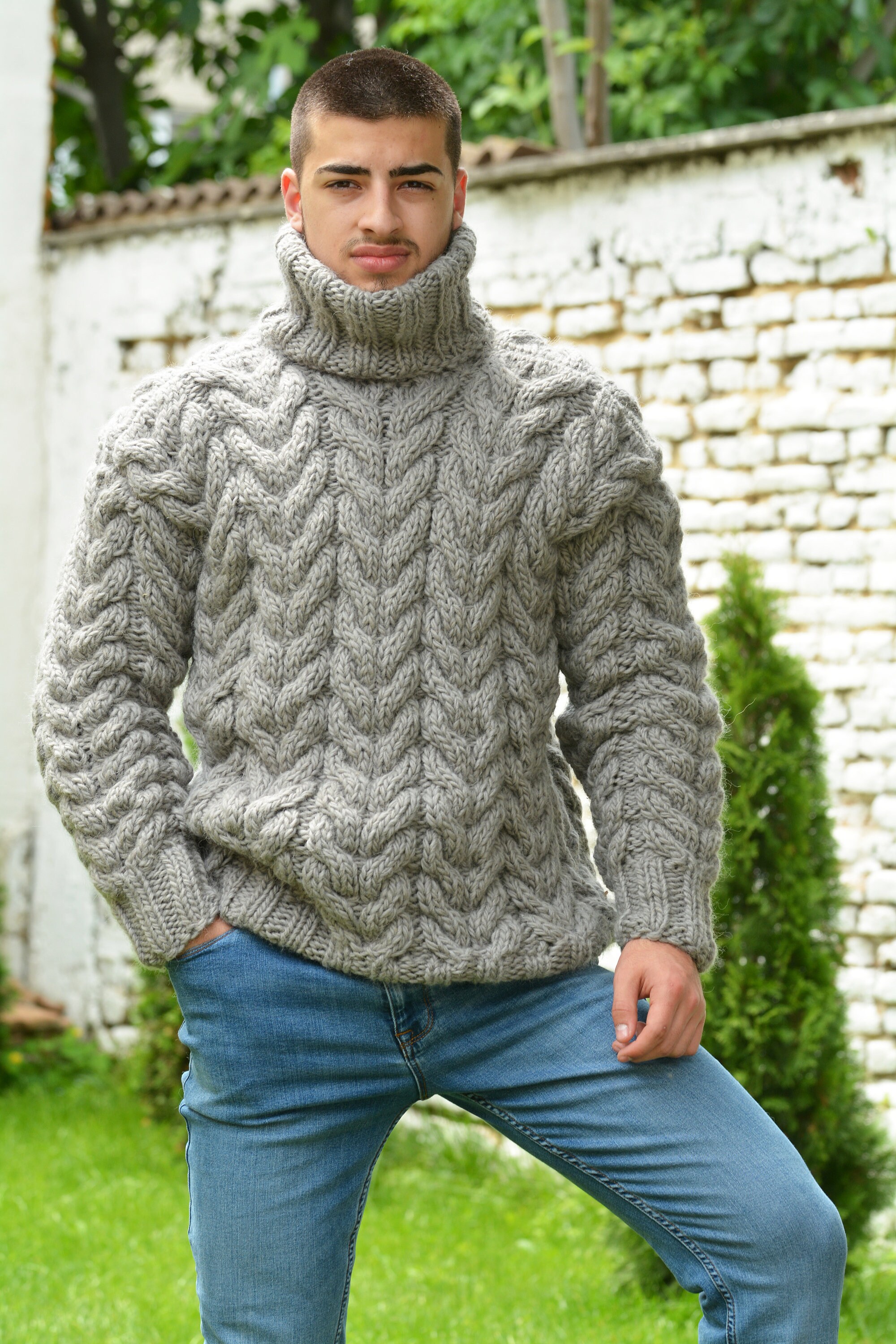 Designer Hand Knitted Wool Sweater Thick Cable Light Grey Mix - Etsy