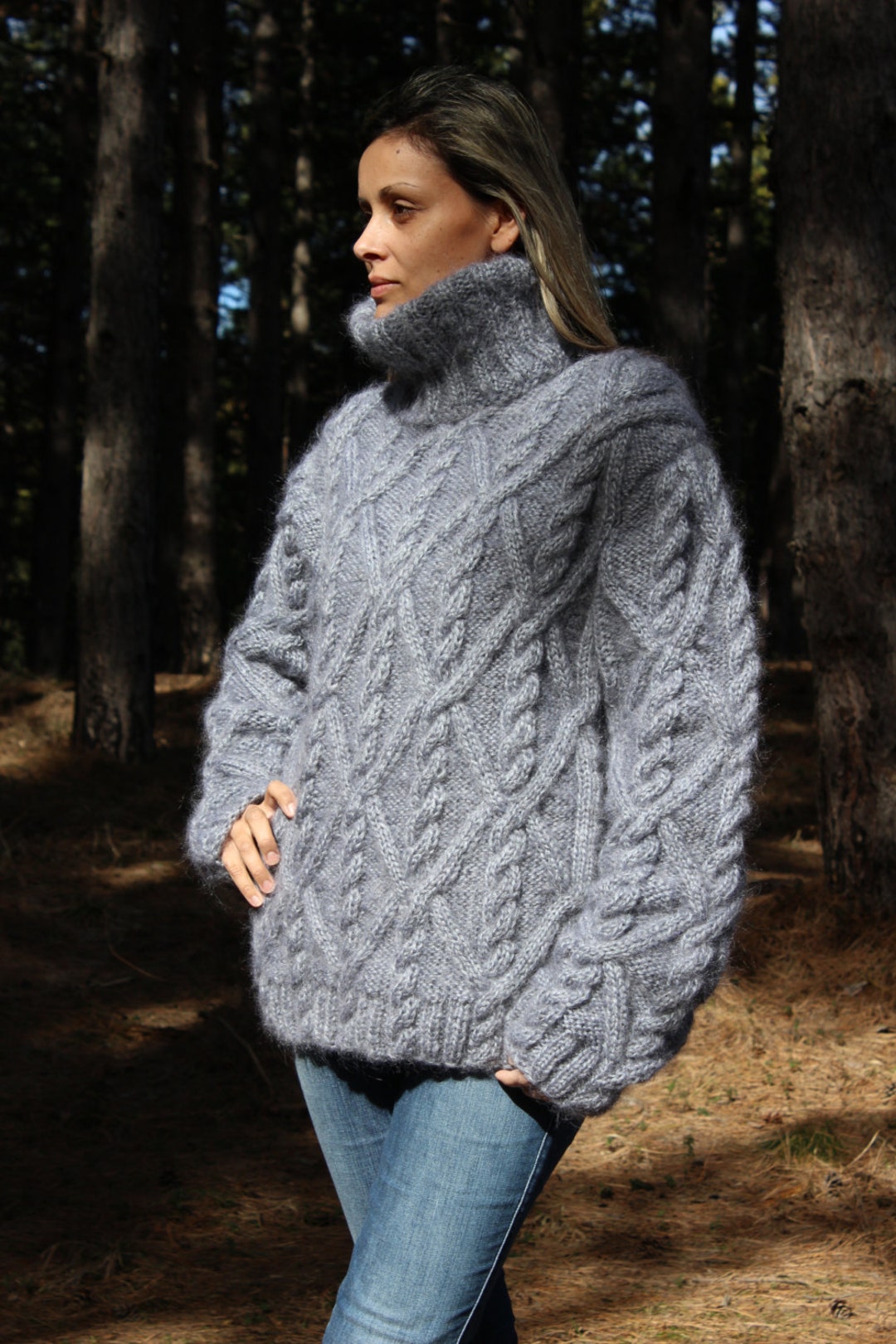 Hand Knit Mohair Sweater Cable Gray Fuzzy Turtleneck Jumper - Etsy