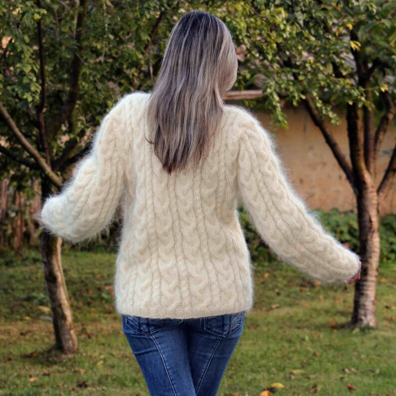 Hand Knitted Mohair Cardigan White Cable Fuzzy Sweater Coat Jumper Jersey Jacket 2 pockets MADE to ORDER by Extravagantza image 5