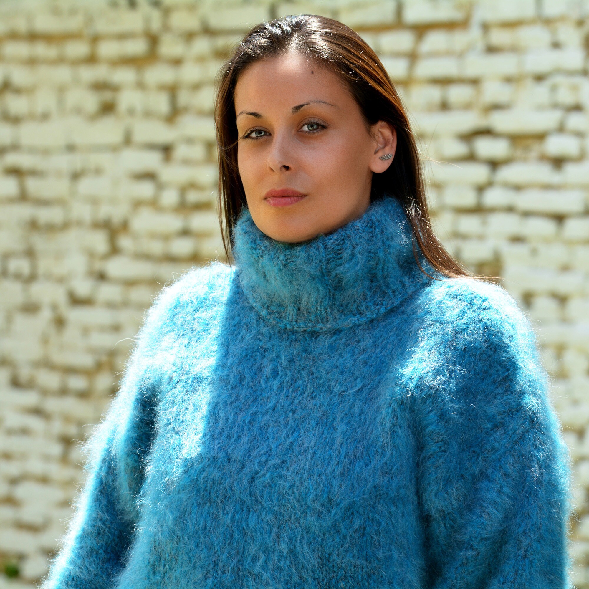 Hand Knitted Mohair Wool Sweater Blue 